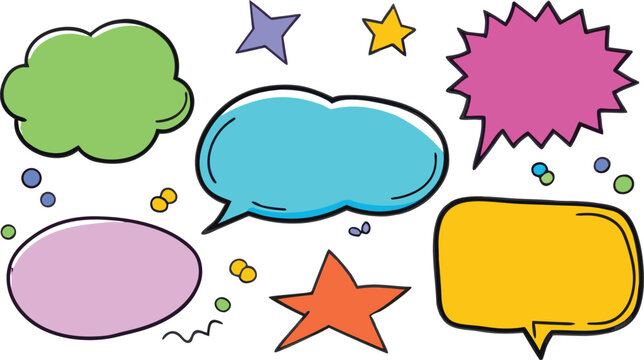 Hand Drawn Colorful Speech Bubble Set &ndash; Doodle Comic Chat Icons Vector Collection, Cartoon Message Boxes, Sticker Style UI Elements