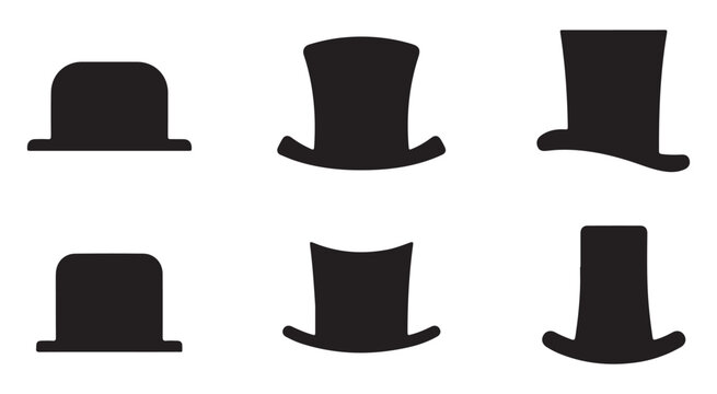Six black silhouettes of various hats including top hats and bowler hats for parties or costumes.