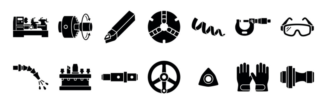 Metalworking lathe machine and workshop equipment icon set with glyphs for turning tools, chuck, micrometer, and safety gear for industrial manufacturing