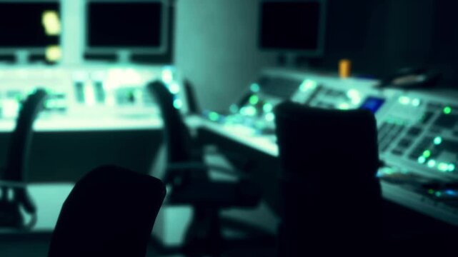 Control room shows multiple screens and devices lit up in low light. The setting is modern and designed for monitoring tasks. Looks like it is used for operations and management.