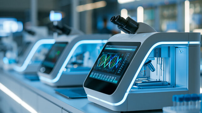 Advanced biotech lab with robotic DNA sequencing machines, modern research facility featuring automated genomics equipment and high-tech instrumentation, defocused technological