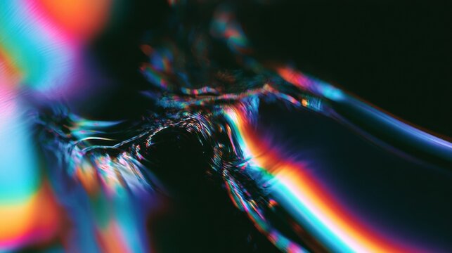 Oil film creates shifting colors on a dark surface. The rippling effect displays a dynamic texture over time in a close view.