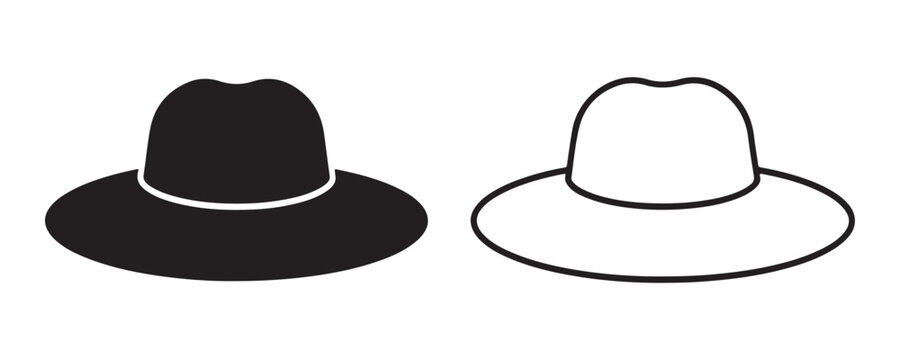 Classic fedora hat in solid black silhouette and detailed outline vector for fashion concepts.
