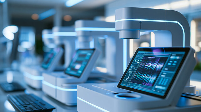 Advanced biotech lab with robotic DNA sequencing machines, modern research facility featuring automated genomics equipment and high-tech instrumentation, defocused technological