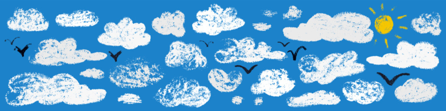 Crayon doodle clouds set with yellow sun and flying birds on blue background. Playful hand drawn wax pastel and chalk sky elements collection for kids design, nursery decor. Vector illustration