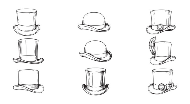Vintage hats hand drawn vector collection featuring classic top hats and bowler hats sketch set.