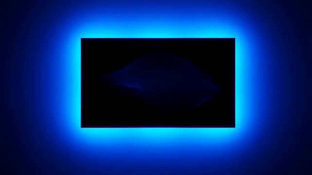 Blue glowing wave flows and morphs inside a black rectangle with a soft blue halo on a dark gradient background. Smooth animated scene for visual effects and digital art display.