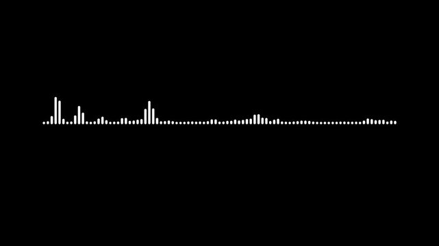 Digital sound waveform visualizer, white frequency bars, animated audio equalizer spectrum, voice recording and music concept, clean minimalist technology graphics, black screen. seamless 4k footage