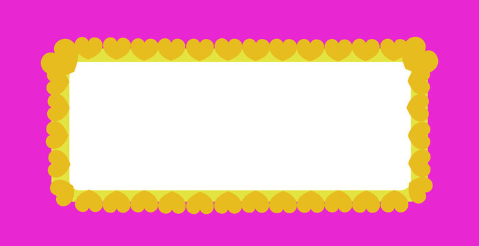 rectangular frame made of golden hearts with rounded corners on a bright magenta background. A white inner rectangle occupies the center, leaving space for text, creating a decorative bordered card
