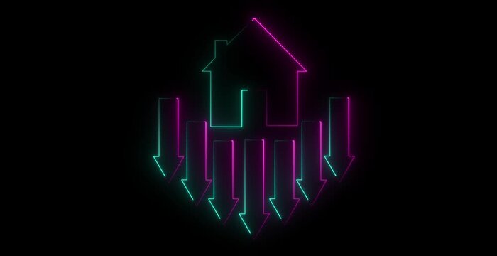 Link &times;Title:Home icon house sign neon lights animation with down arrow.animation. Neon home business graph icon animation. 4k video animation