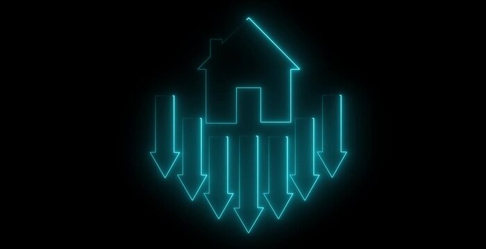 Link &times;Title:Home icon house sign neon lights animation with down arrow.animation. Neon home business graph icon animation. 4k video animation