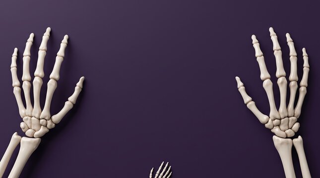 Skeleton hands reaching from sides on a dark purple background