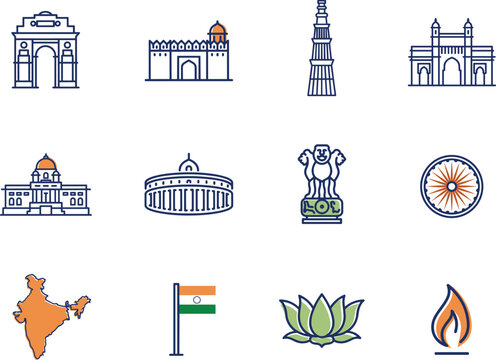 Indian national symbols and landmarks icon set, 12 vector line art illustrations, cultural heritage and travel destination graphics