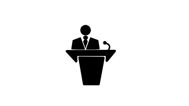 Flat Public Speaker at Podium Icon icon. a businessman giving a speech at a podium microphone logotype animated icon.