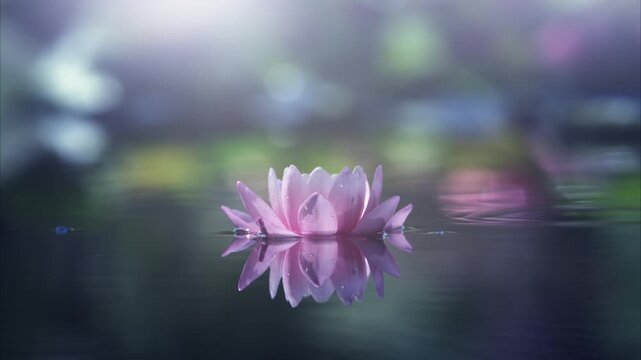 Pink lotus flower in water with sunshine. Slowmotion