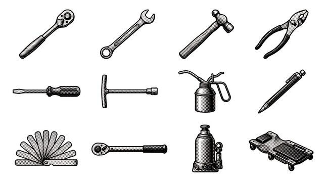 Mechanical workshop hand tools collection black halftone style on white background prints.