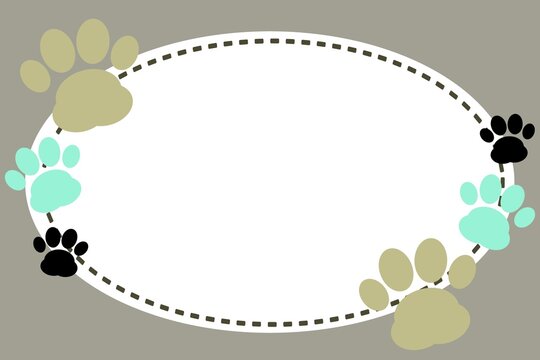 Oval pet frame with dashed border and black, teal, and beige paw prints around a clean white copy space, ideal for pet invitations, adoption flyers, photo frames, cards, announcements, and logos.