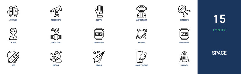 Set of 15 outline web Space icons such as lander, smartphone, stars, moon, ufo, cryogenic, saturn vector icons for report, presentation, diagram, web design, mobile app © Emilia