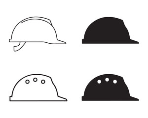 Fototapeta premium Industrial hard hat set including outline and solid black silhouette icons for construction safety.