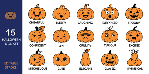 Fototapeta premium Halloween-Pumpkin Icon Set With 15 Unique Faces