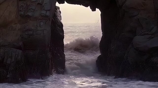 Powerful ocean waves crashing against dramatic rock formations and sea caves