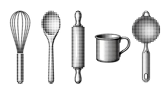 Kitchen utensil set with halftone dot pattern for culinary food preparation and baking.