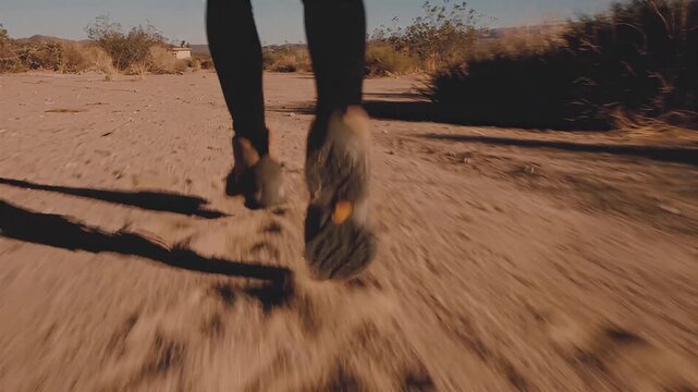 Close-up view of feet running on a dusty desert path