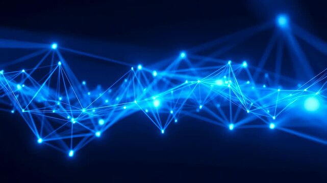 Glowing blue and cyan nodes pulse and shift within a digital mesh of connecting lines over a dark background. Animated texture shows points of light and lines with pulsing motion.