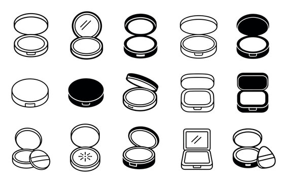 Makeup compact powder case vector icon set featuring various open and closed cosmetic containers with mirrors and powder puffs for beauty and fashion design