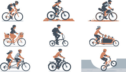 Naklejka premium Flat vector cyclist collection, set of 9 diverse people riding bicycles, modern cycling lifestyle characters for urban transport and sports