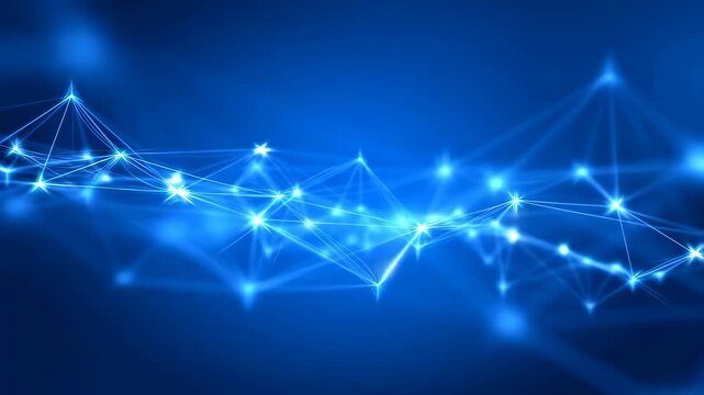 Glowing blue nodes connected by white lines pulse and gently shift position across a dark blue gradient background. Animated texture shows points and lines with pulsing motion.