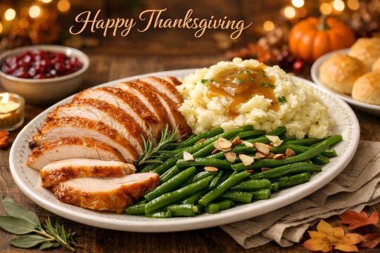 Sliced roasted turkey with mashed potatoes green beans and gravy for happy thanksgiving dinner plate background and holiday meal design