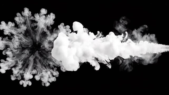 Explosive white smoke plume forming and expanding against a dark background in cinematic motion