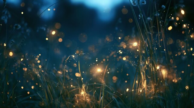 Dozens of fireflies light up a meadow as dusk settles in, creating a magical scene with deep blue hues and warm sparkles in the air.