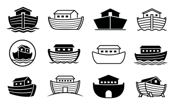 Noah's ark vector icons set of wooden ships representing the biblical story of the flood, featuring various minimalist designs of houseboats on waves