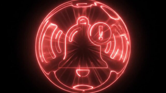 Red neon notification bell icon with exclamation mark. Glowing alert symbol for digital security and emergency warnings. Pulsing light alarm.