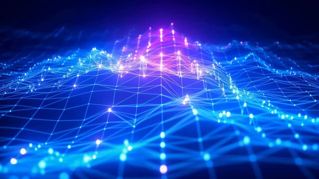 Glowing digital grid with pulsing nodes and connecting lines undulates on a dark background. Abstract backdrop shaped by pulsing motion, digital connectivity and data flow.