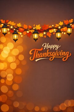 Thanksgiving greeting background with lantern garland autumn leaves and warm bokeh lights for holiday card and invitation design celebrating fall gratitude