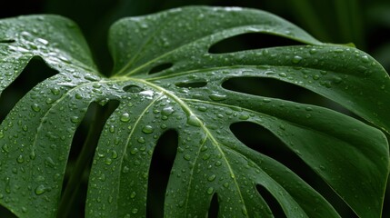 Fototapeta premium Droplets of rain slide down a large glossy monstera leaf in a natural setting. The soft light enhances the fresh look of the scene.