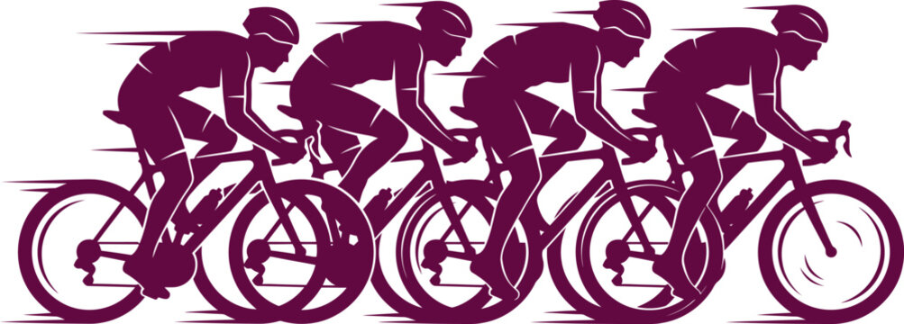 Dynamic cycling race silhouette, professional road cyclists in motion, purple bicycle peloton vector, competitive sports graphic