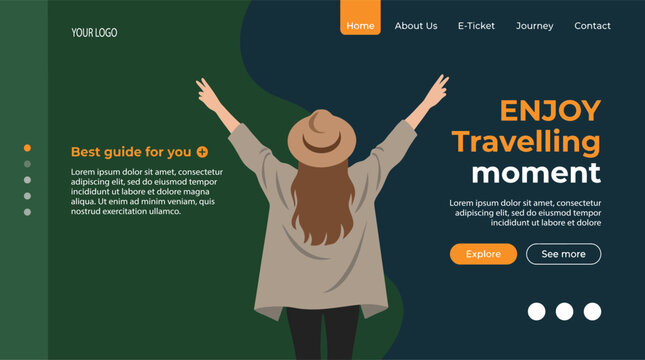 Travel Landing Page Template with Woman Character Enjoying Journey Adventure Illustration