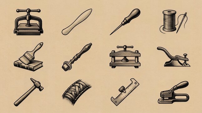 Bookbinding tools retro style engraving set over vintage brown background for craftwork.