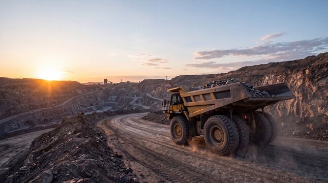 Heavy mining dump truck loaded with ore driving on a haul road in a vast open-pit quarry at sunset
