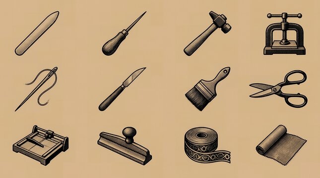 Handcrafted bookbinding tool collection in classic retro engraving on warm paper texture.