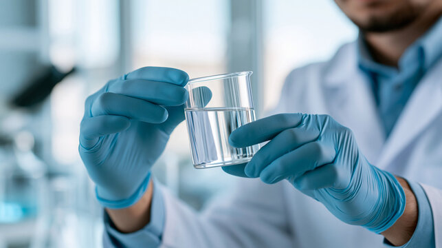 Smiling faceless scientist in lab coat inspecting transparent sample near window, smart waste management research in bright laboratory, defocused environmental science, with copy