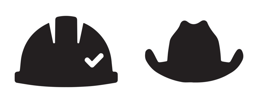 Hard hat with check mark and classic cowboy hat silhouette icons for construction and western.