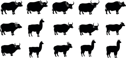 Naklejka premium Black buffalo and llama silhouettes, 15 wild animal vector icons, cattle and alpaca livestock shapes for farm branding