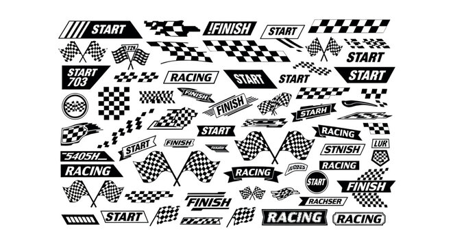Racing checkered flag collection, start and finish line icons, black and white motorsport vector set for automotive branding