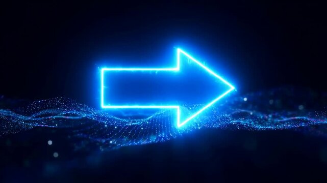 Glowing blue neon arrow pulses above a flowing wave of particles on a dark digital background. Smooth animated scene for ui animation and digital signage.