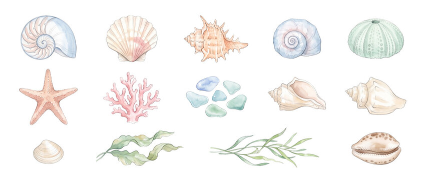 Watercolor Seashell Collection Sea Life Set isolated on black background featuring starfish, coral, sea glass, seaweed, nautilus, and conch shell illustrations for marine summer coastal design.